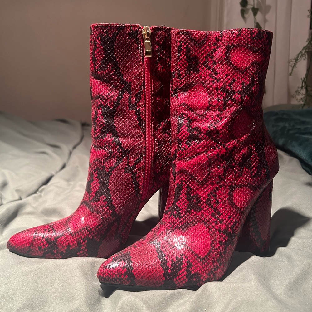 Red Snakeskin Block Heel Ankle Boots